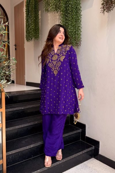 Flawless Blue Silk Crepe Kurti Plazzo Co Ord Set with Elegant Embroidery Work for Women CO ORD Sets