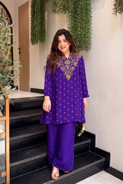 Flawless Blue Silk Crepe Kurti Plazzo Co Ord Set with Elegant Embroidery Work for Women CO ORD Sets