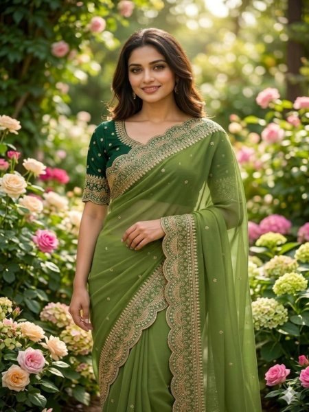 Flawless Green Designer Party Wear Star Georgette Saree with Heavy Embroidery Look Sarees 