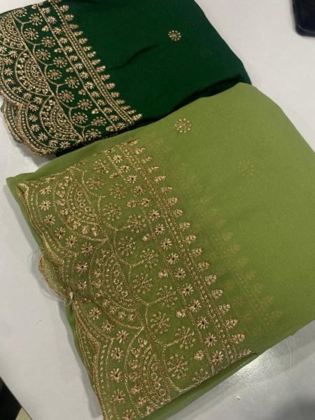 Flawless Green Designer Party Wear Star Georgette Saree with Heavy Embroidery Look Embroidery Sarees Wholesale