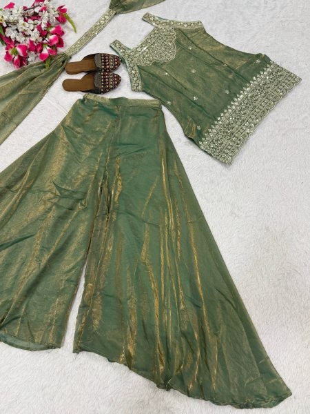 Flawless Green Heavy Fandy Silk Sharara Suit with Sequins Embroidery for Festive Wear Ready To Wear Collection