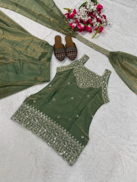 Flawless Green Heavy Fandy Silk Sharara Suit with Sequins Embroidery for Festive Wear Ready To Wear Collection