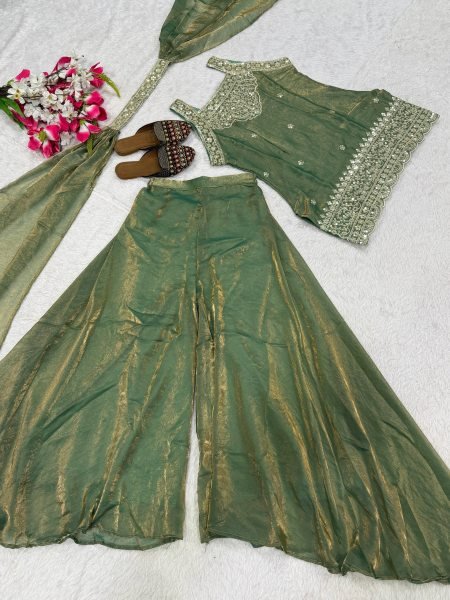 Flawless Green Heavy Fandy Silk Sharara Suit with Sequins Embroidery for Festive Wear Ready To Wear Collection