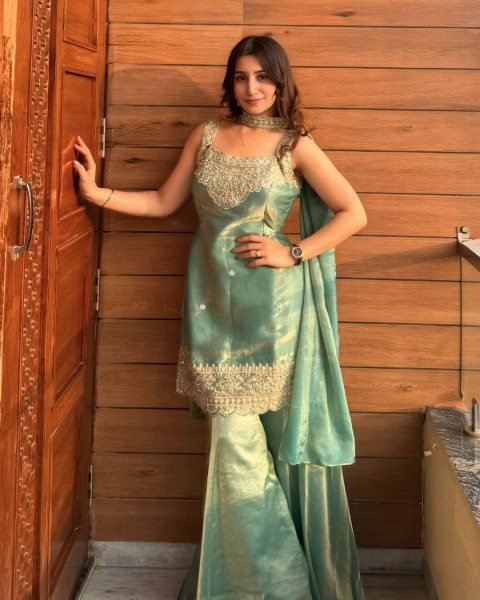 Flawless Green Heavy Fandy Silk Sharara Suit with Sequins Embroidery for Festive Wear Ready To Wear Collection