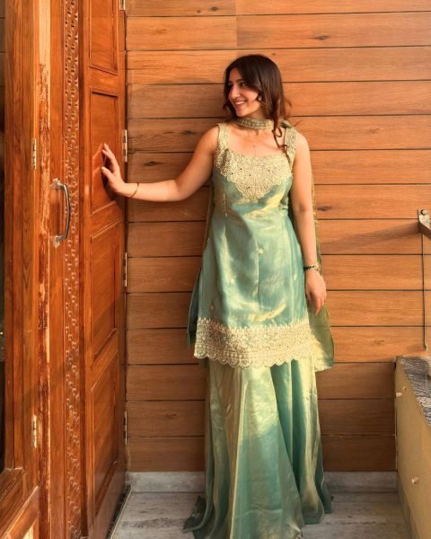 Flawless Green Heavy Fandy Silk Sharara Suit with Sequins Embroidery for Festive Wear Ready To Wear Collection