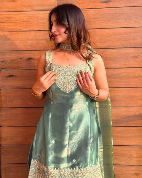 Flawless Green Heavy Fandy Silk Sharara Suit with Sequins Embroidery for Festive Wear Ready To Wear Collection