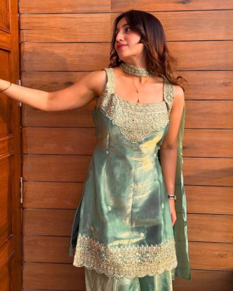 Flawless Green Heavy Fandy Silk Sharara Suit with Sequins Embroidery for Festive Wear Ready To Wear Collection