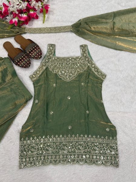 Flawless Green Heavy Fandy Silk Sharara Suit with Sequins Embroidery for Festive Wear Ready To Wear Collection