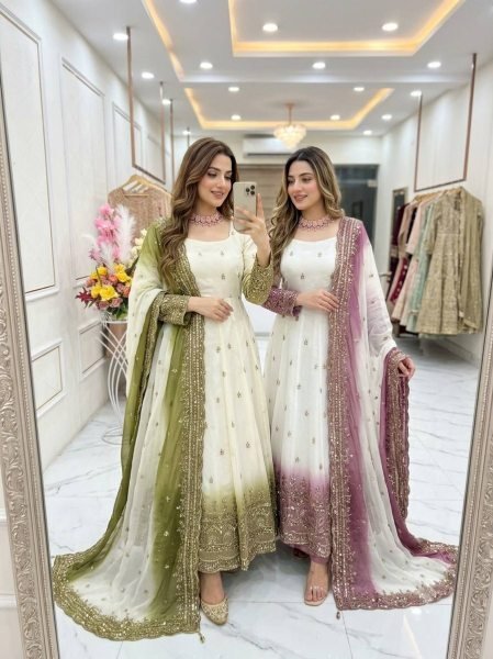 Flawless Mahendi Green Star Georgette Embroidered Gown with Micro Silk Pant and Dupatta Ready To Wear Collection