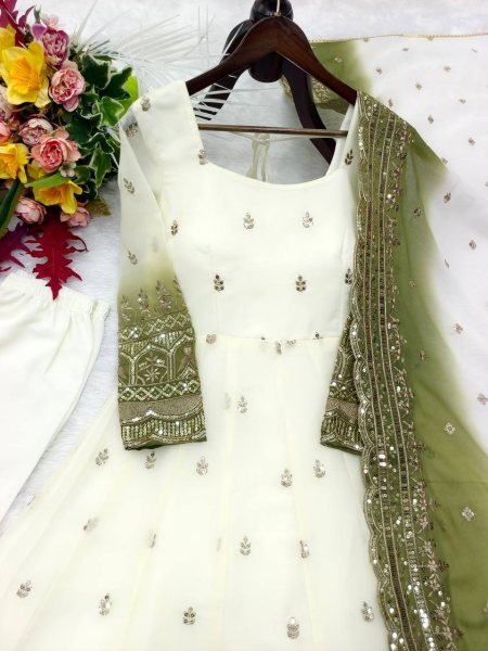 Flawless Mahendi Green Star Georgette Embroidered Gown with Micro Silk Pant and Dupatta Ready To Wear Collection