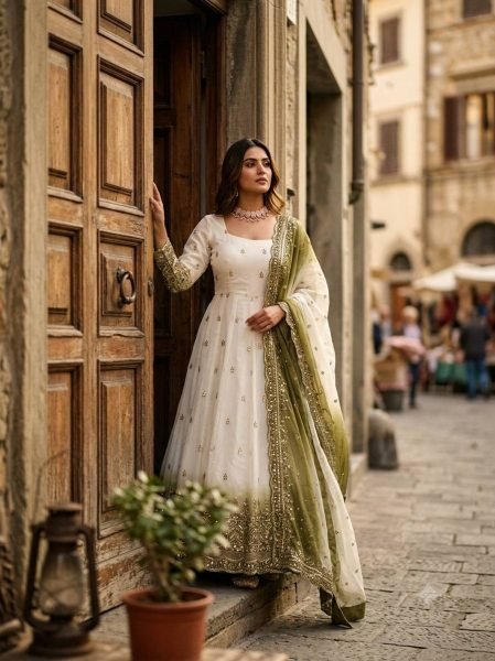 Flawless Mahendi Green Star Georgette Embroidered Gown with Micro Silk Pant and Dupatta Ready To Wear Collection