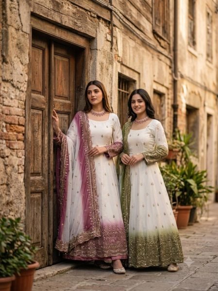 Flawless Mahendi Green Star Georgette Embroidered Gown with Micro Silk Pant and Dupatta Ready To Wear Collection