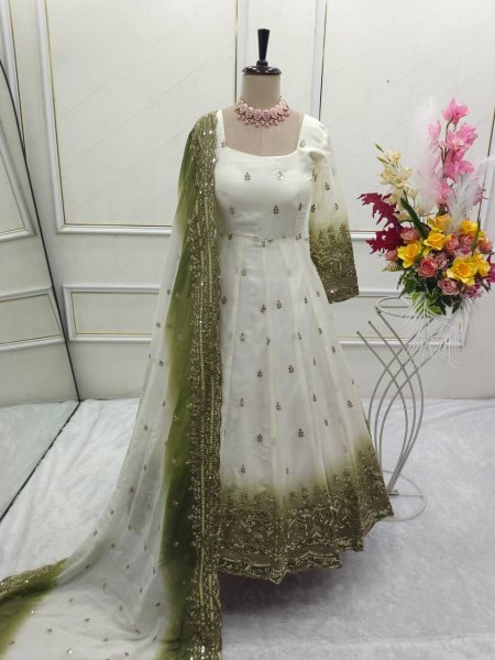 Flawless Mahendi Green Star Georgette Embroidered Gown with Micro Silk Pant and Dupatta Ready To Wear Collection