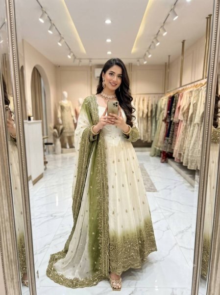 Flawless Mahendi Green Star Georgette Embroidered Gown with Micro Silk Pant and Dupatta Ready To Wear Collection
