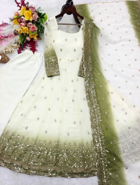 Flawless Mahendi Green Star Georgette Embroidered Gown with Micro Silk Pant and Dupatta Ready To Wear Collection