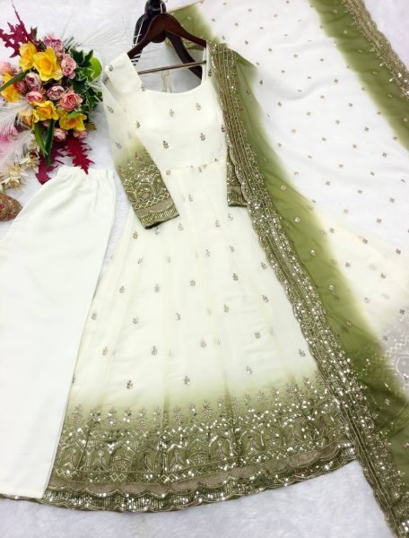 Flawless Mahendi Green Star Georgette Embroidered Gown with Micro Silk Pant and Dupatta Ready To Wear Collection
