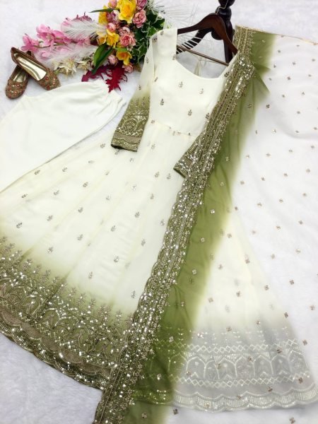 Flawless Mahendi Green Star Georgette Embroidered Gown with Micro Silk Pant and Dupatta Ready To Wear Collection