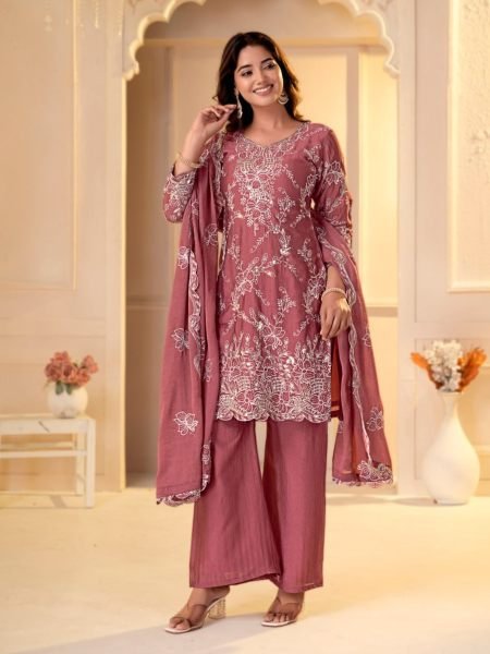 Flawless Mauve Rangoli Crush Pant Suit Set with Multi Embroidery and Sequin Work 