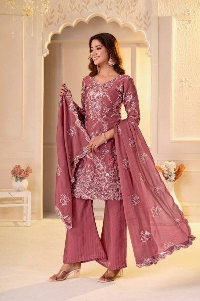 Flawless Mauve Rangoli Crush Pant Suit Set with Multi Embroidery and Sequin Work Ready To Wear Collection