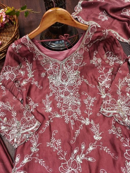 Flawless Mauve Rangoli Crush Pant Suit Set with Multi Embroidery and Sequin Work Ready To Wear Collection