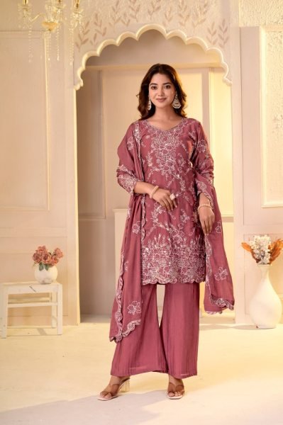 Flawless Mauve Rangoli Crush Pant Suit Set with Multi Embroidery and Sequin Work Ready To Wear Collection