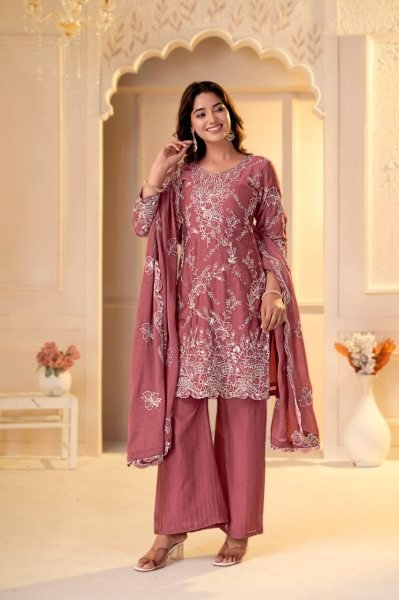 Flawless Mauve Rangoli Crush Pant Suit Set with Multi Embroidery and Sequin Work Ready To Wear Collection