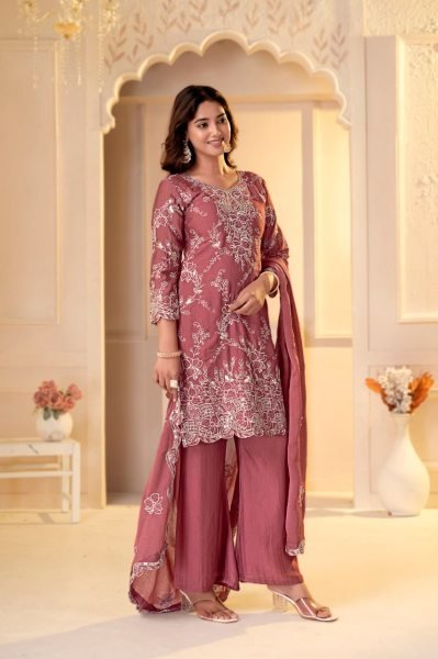 Flawless Mauve Rangoli Crush Pant Suit Set with Multi Embroidery and Sequin Work Ready To Wear Collection