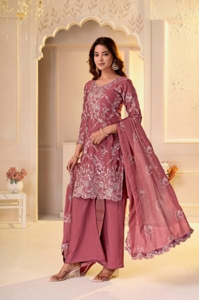 Flawless Mauve Rangoli Crush Pant Suit Set with Multi Embroidery and Sequin Work Ready To Wear Collection