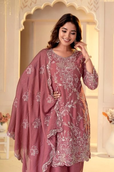 Flawless Mauve Rangoli Crush Pant Suit Set with Multi Embroidery and Sequin Work Ready To Wear Collection