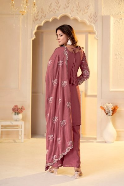 Flawless Mauve Rangoli Crush Pant Suit Set with Multi Embroidery and Sequin Work Ready To Wear Collection
