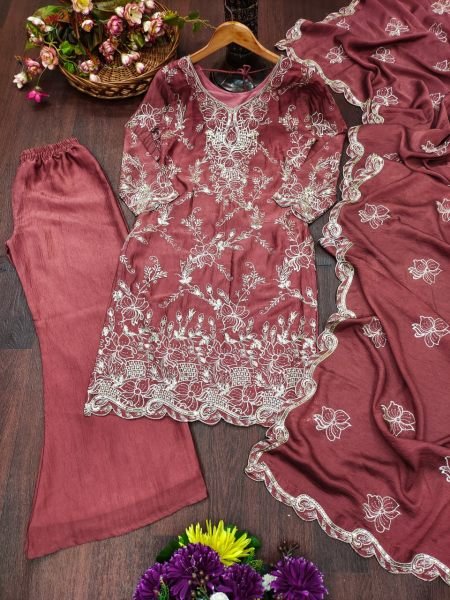 Flawless Mauve Rangoli Crush Pant Suit Set with Multi Embroidery and Sequin Work Ready To Wear Collection