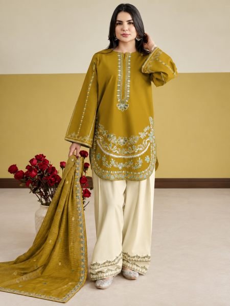 Flawless Mustard Yellow Roman Silk Embroidered Suit with Kota Checks Dupatta Salwar Kameez