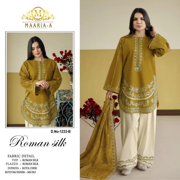 Flawless Mustard Yellow Roman Silk Embroidered Suit with Kota Checks Dupatta Designer Plazzo Salwar Suits Wholesale