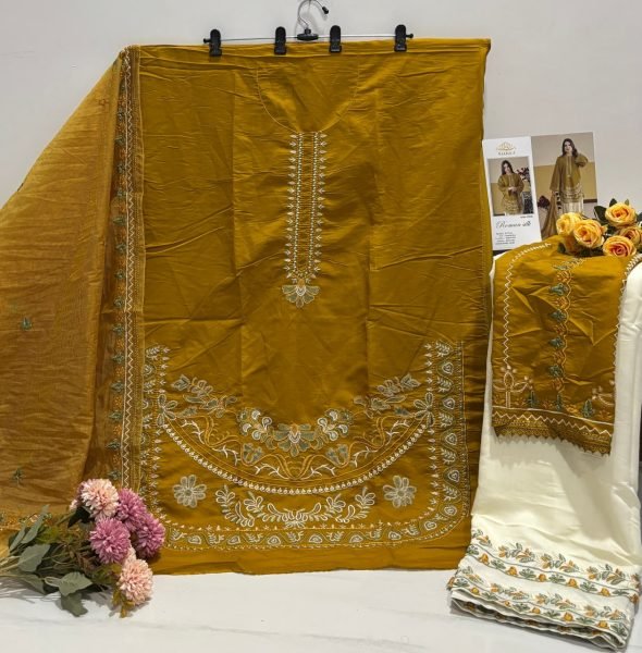 Flawless Mustard Yellow Roman Silk Embroidered Suit with Kota Checks Dupatta Designer Plazzo Salwar Suits Wholesale