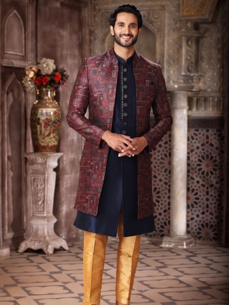 Flawless Navy Blue Groom Wear Indo Western Set with Rich Fabric Collection Mens Wear