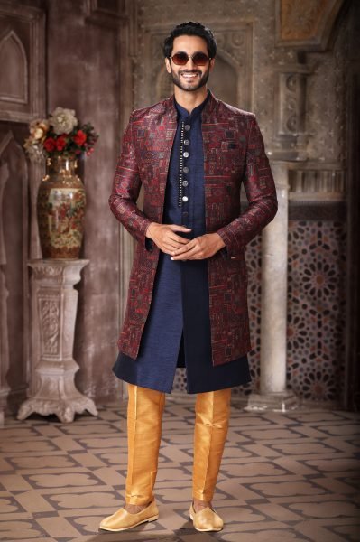 Flawless Navy Blue Groom Wear Indo Western Set with Rich Fabric Collection Kurta Pajama Wholesale