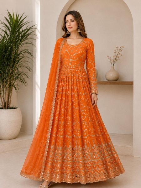 Flawless Orange Anarkali Suits Set With Heavy Embroidery Work For Women Ready To Wear Suit