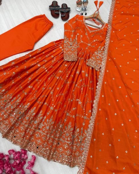 Flawless Orange Anarkali Suits Set With Heavy Embroidery Work For Women Ready To Wear Collection