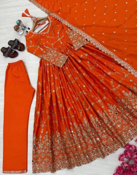 Flawless Orange Anarkali Suits Set With Heavy Embroidery Work For Women Ready To Wear Collection