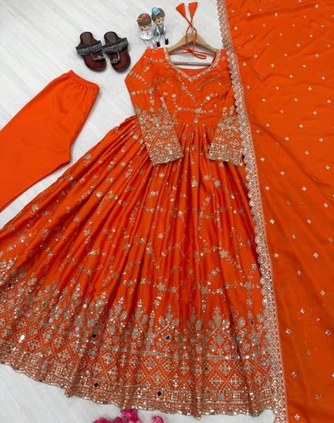 Flawless Orange Anarkali Suits Set With Heavy Embroidery Work For Women Ready To Wear Collection