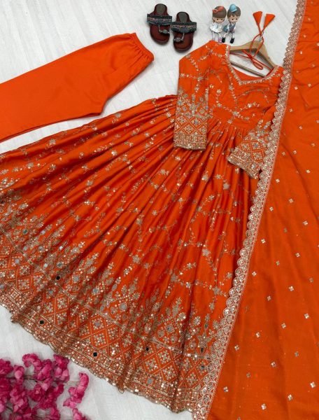 Flawless Orange Anarkali Suits Set With Heavy Embroidery Work For Women Ready To Wear Collection