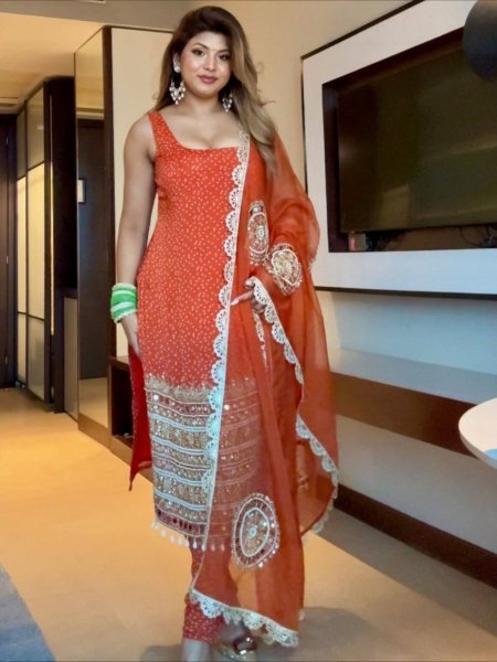 Flawless Orange Mirror Work with Pearl Moti & Embroidery Work Kurti With Chudidar Set at Wholesale Rate  Straight Cut Long Kurtis