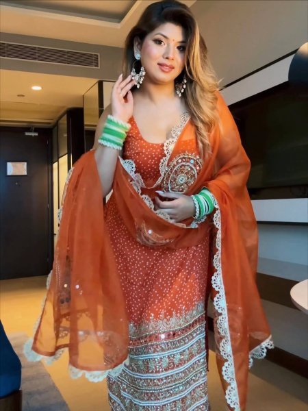 Flawless Orange Mirror Work with Pearl Moti & Embroidery Work Kurti With Chudidar Set at Wholesale Rate  Straight Cut Long Kurtis