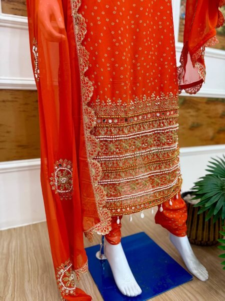 Flawless Orange Mirror Work with Pearl Moti & Embroidery Work Kurti With Chudidar Set at Wholesale Rate  Straight Cut Long Kurtis