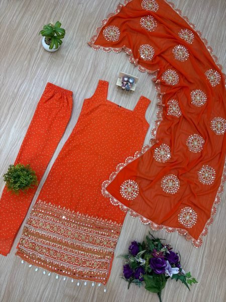 Flawless Orange Mirror Work with Pearl Moti & Embroidery Work Kurti With Chudidar Set at Wholesale Rate  Straight Cut Long Kurtis