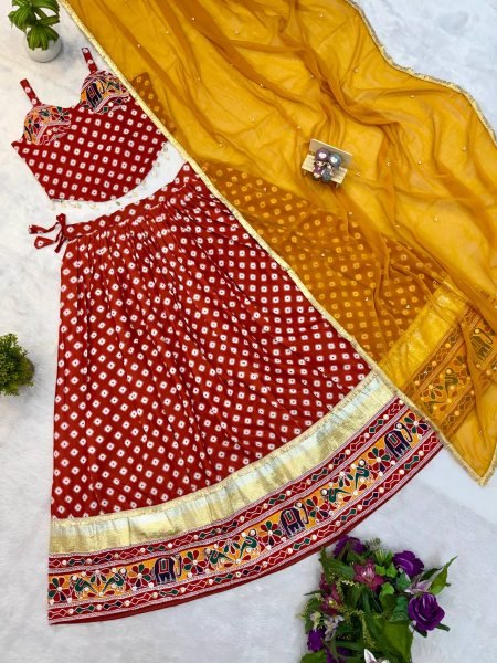 Flawless Orange Pure Cotton Lehenga Choli with Mirror Work and Digital Print Navratri Lehnega Choli