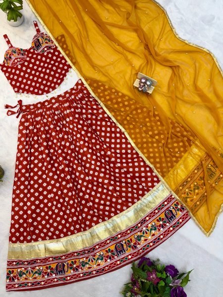 Flawless Orange Pure Cotton Lehenga Choli with Mirror Work and Digital Print Navratri Lehnega Choli