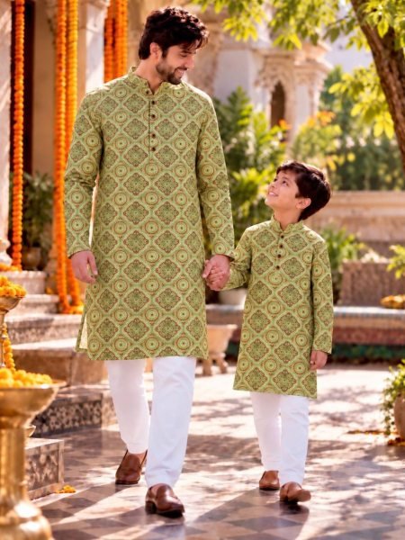 Flawless Parrot Green Father Son Twinning Printed Cotton Kurta Pyjama Set at Wholesale Rate 