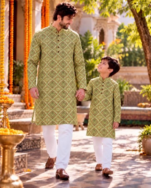 Flawless Parrot Green Father Son Twinning Printed Cotton Kurta Pyjama Set at Wholesale Rate Father Son Collection 