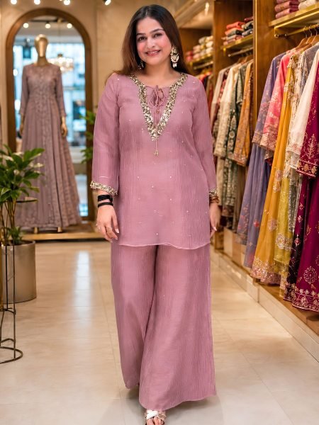 Flawless Pink Party Wear Crunchy Silk Kurti Palazzo Set with Designer Blouse From Direct Factory  Kurtis